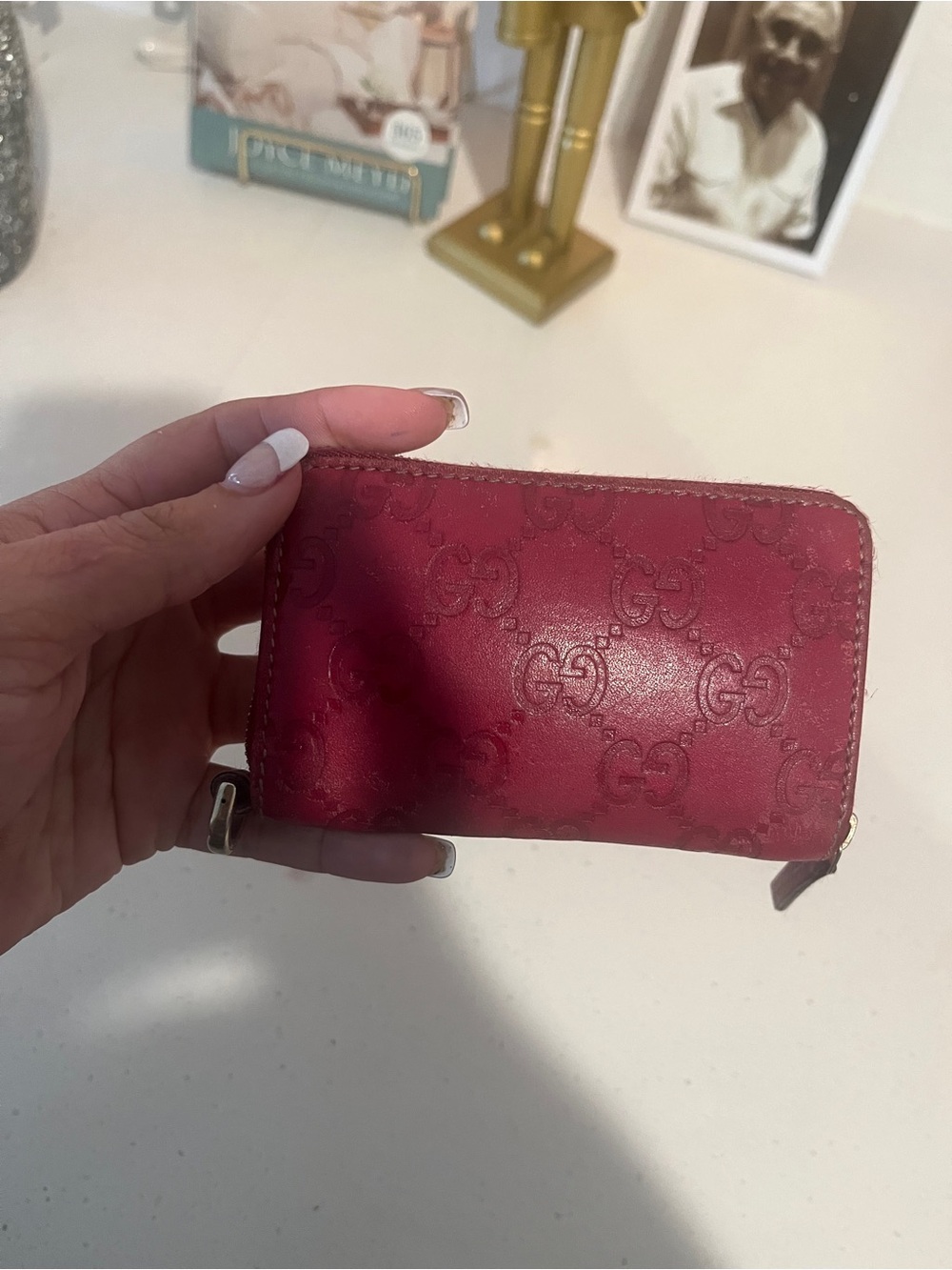 Gucci Embossed GG Small Zip Wallet in Rose Red